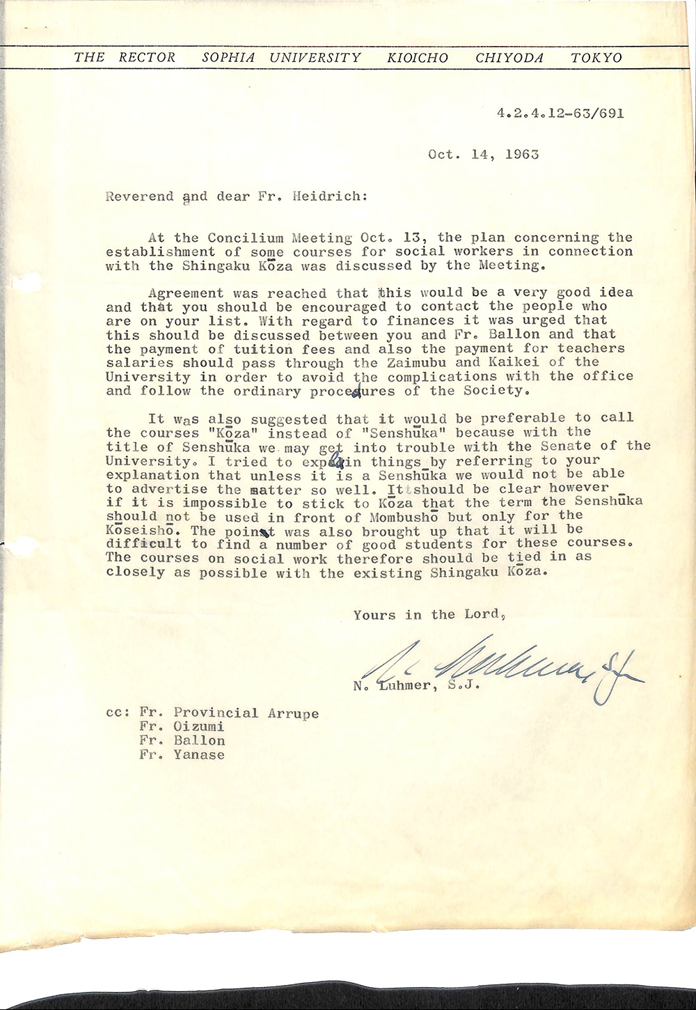 資料11　ハイドリッヒ神父宛クラウス・ルーメル理事長（当時）からの書簡（1963年10月14日）