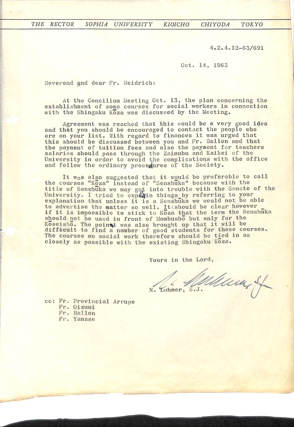 Letter from then-Chancellor Klaus Luhmer to Father Heidrich, October 14, 1963